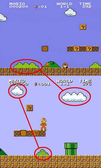 Super Mario Bros. reuse of grass and clouds